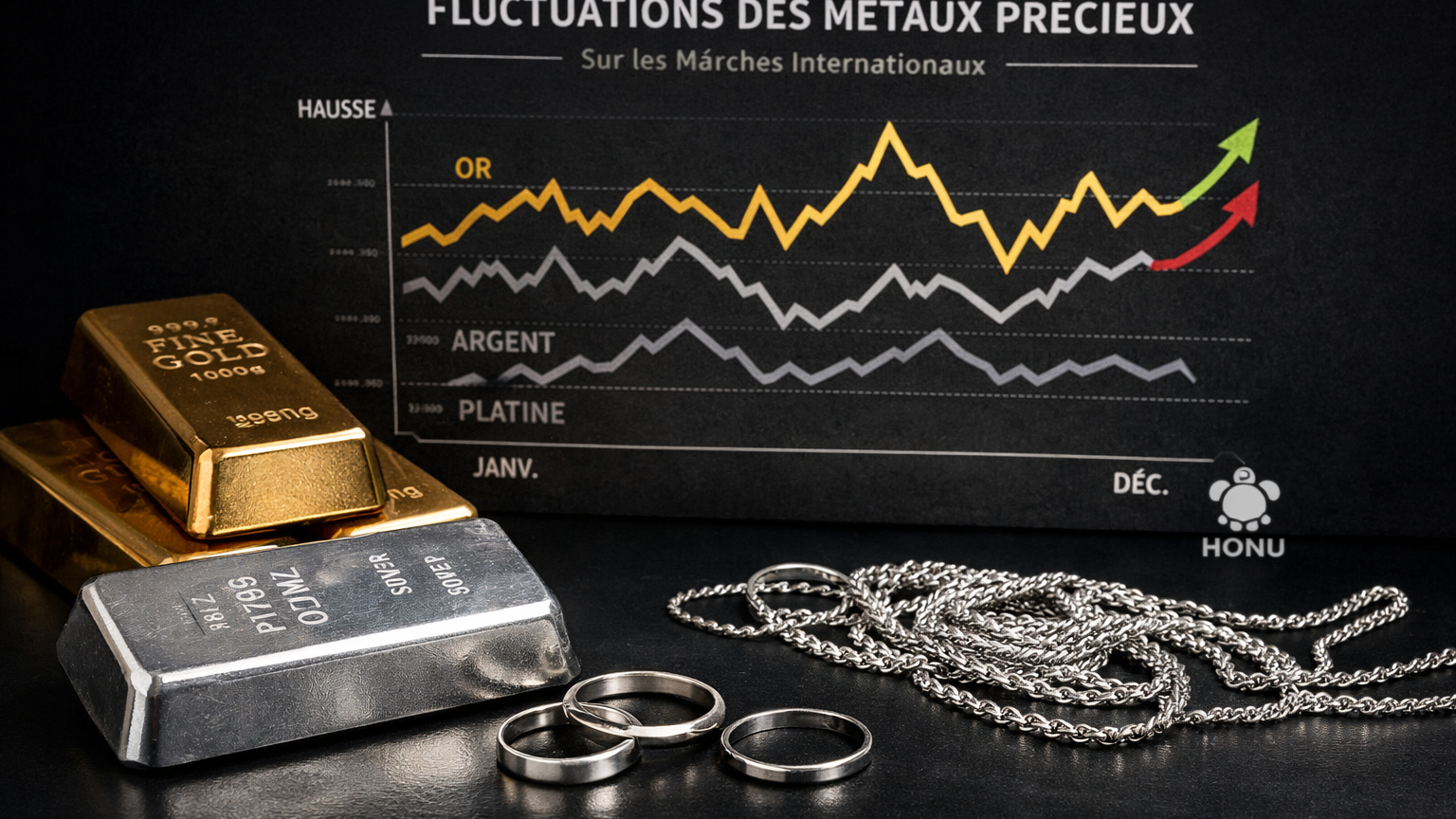 Lingots d'or et d'argent avec graphique des cours, bijoux en argent 925 au premier plan | Honu