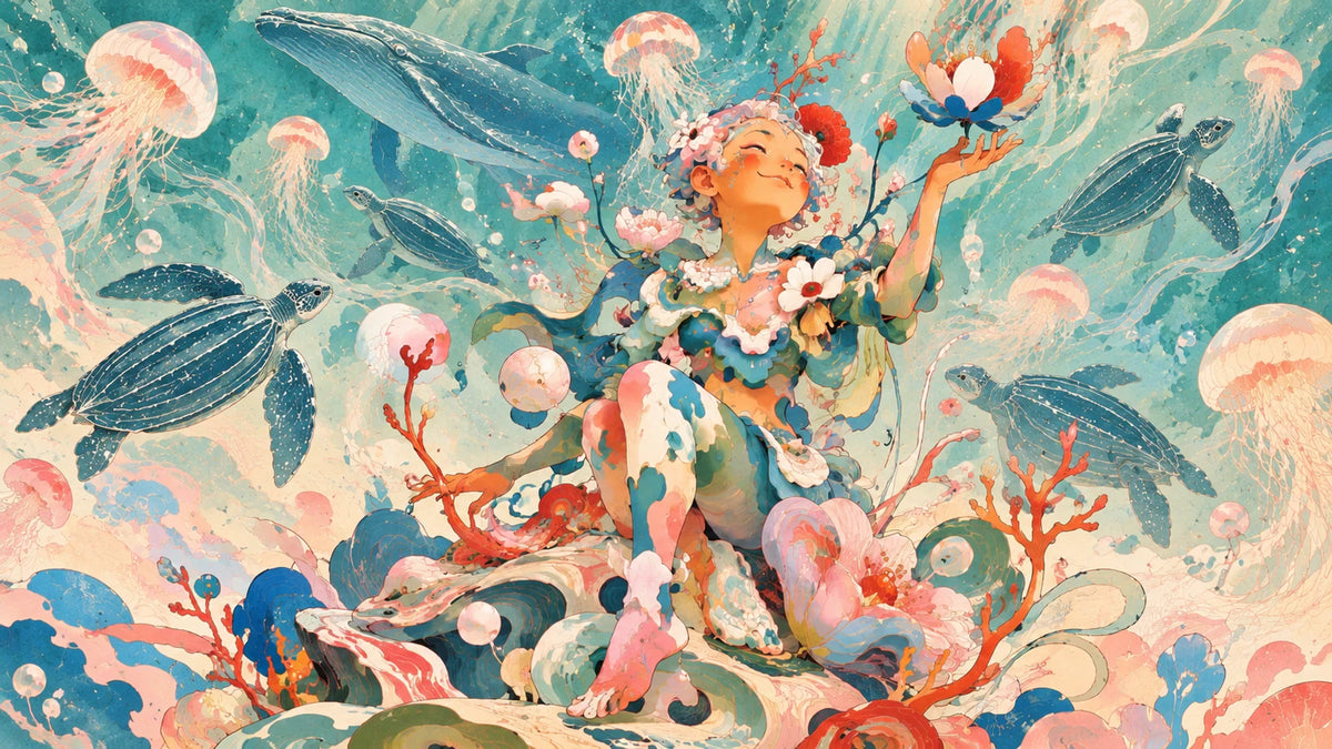 Illustration d'un jardin sous-marin imaginaire, tortues Luth, méduses et coraux rouges, bannière de la collection Caprice | Honu