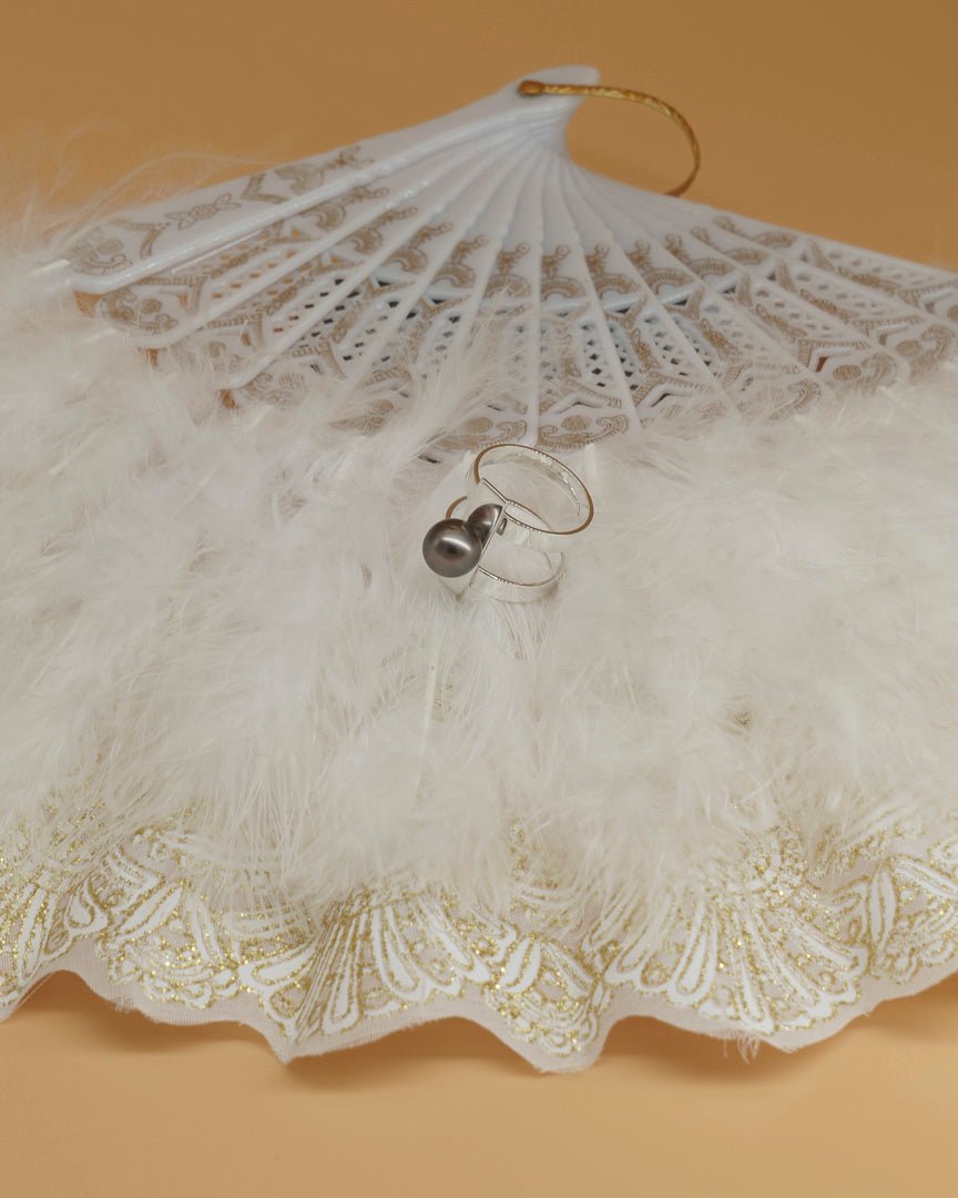 Bague Flappers double anneau argent 925 perle Tahiti art déco années 1920 vue principale | Honu Handmade Jewellery