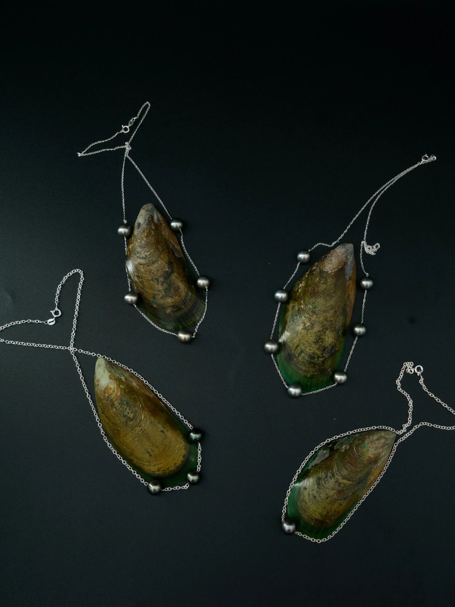 Four necklaces from the Instinct Collection displayed on shells, top view against a black background | Honu